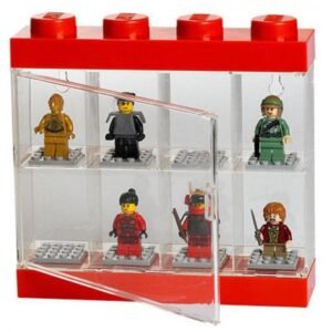 Minifigura kiállító, tároló doboz piros, 8 minifigurához